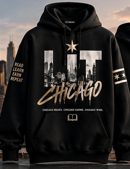 Premium black LIT Chicago hoodie with skyline lettering, metallic details and stars