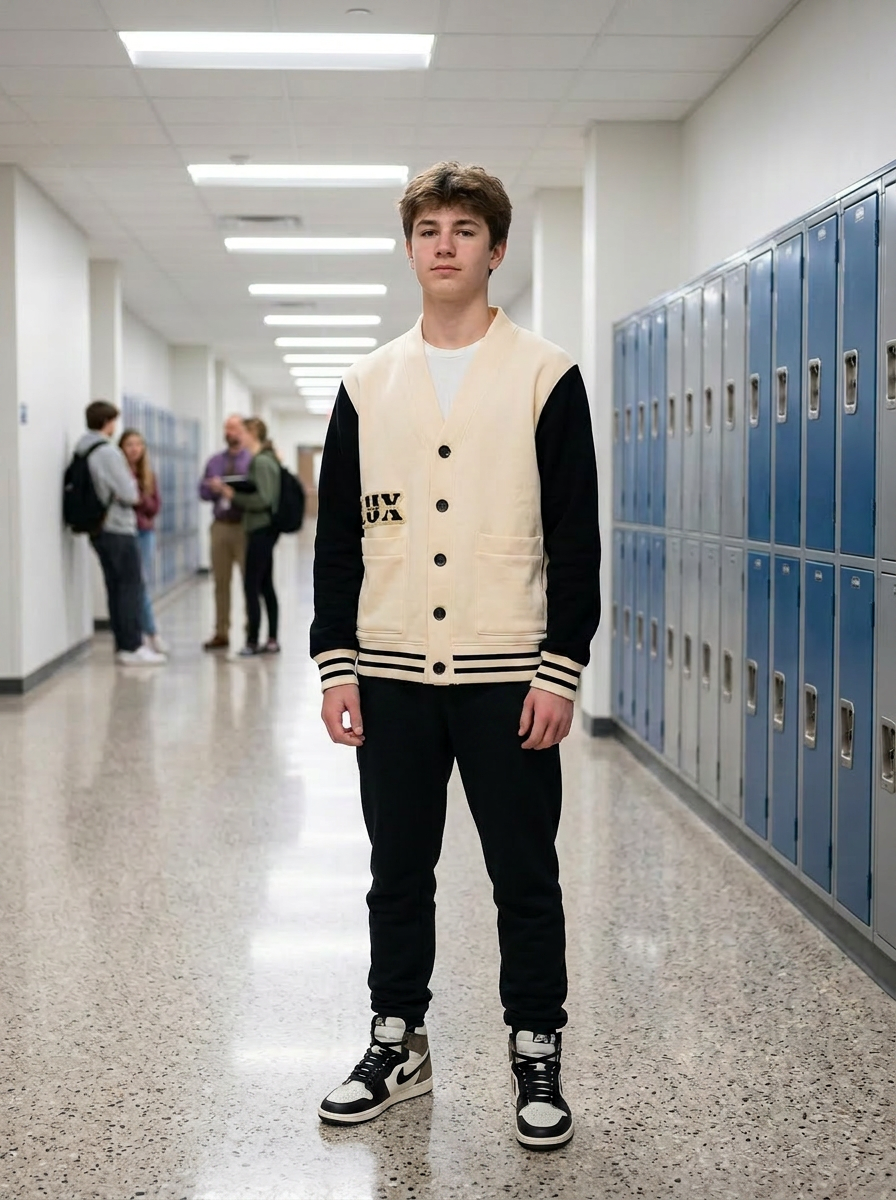 Lux Learner lookbook: student wearing an ivory varsity cardigan in a school hallway