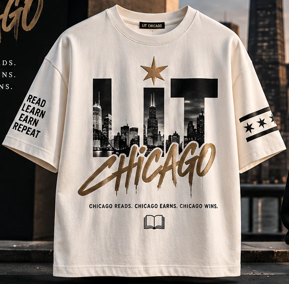 Ivory LIT Chicago reader reward tee with skyline lettering and Chicago stars